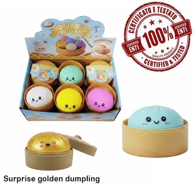 SQUISHY Ravioli (Dumpling) 8,5cm TPR+PVA in display da 12pz (Un Raviolo Glitter Gold TPR+Gel a Sorpresa) 6ass